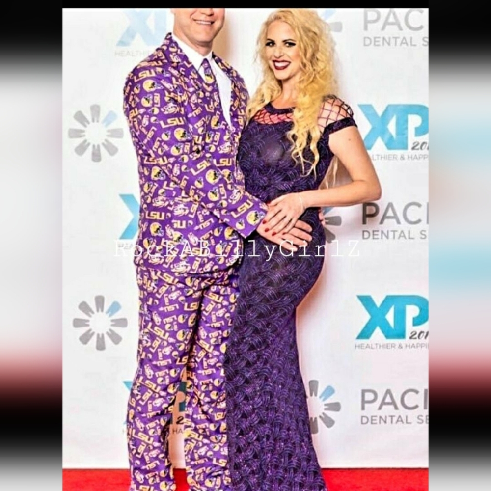 Tempest Storm Seduction Purple Beaded Pencil Gown Caged Neck w Empire Waist Bow - Picture 2 of 13